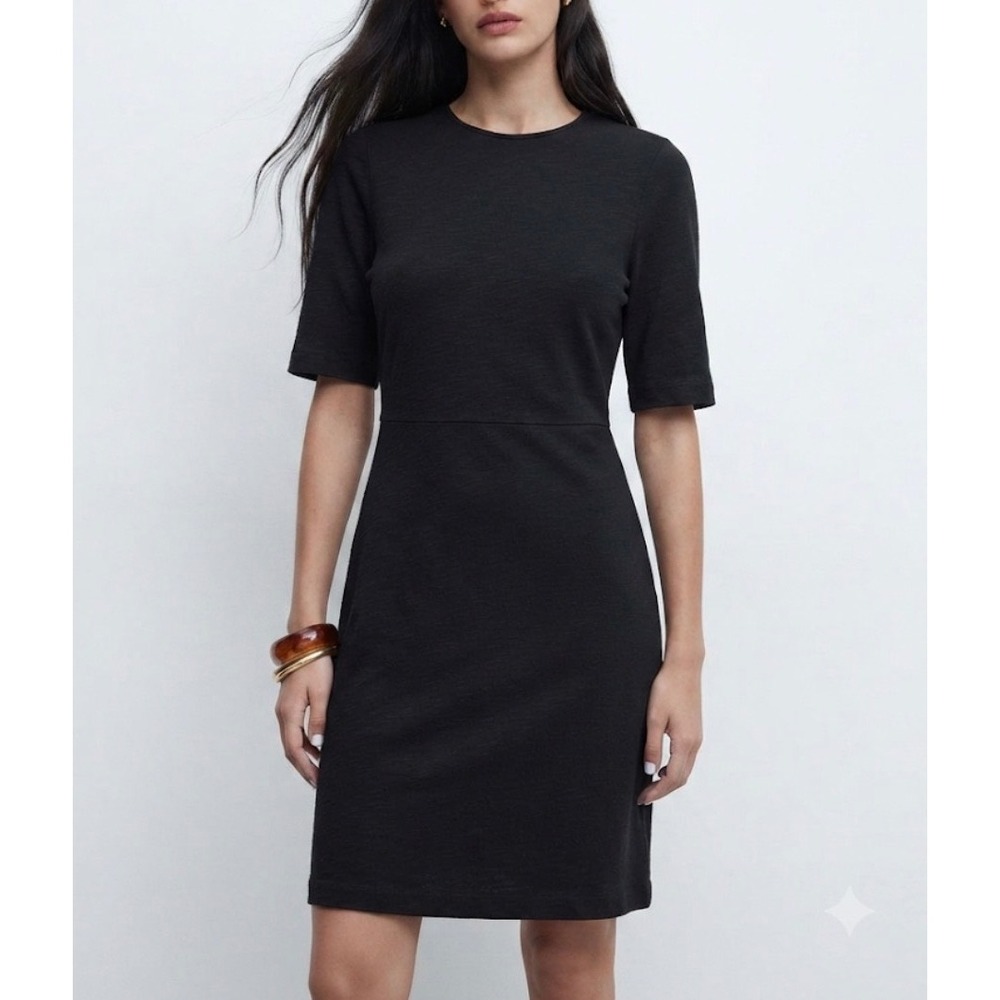 Boden Amanda Black Cotton Slub Puff Sleeve Fit and Flare Mini Dress Pockets 2R - Picture 1 of 9